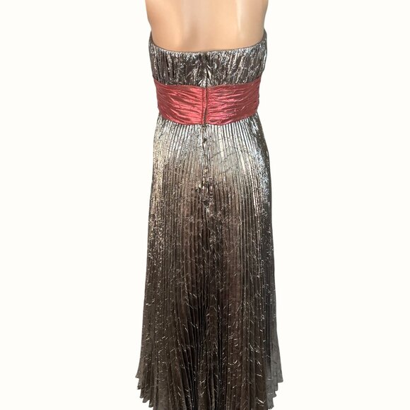 Precious Formals Metallic Silver Strapless Gown Pleated with Scarlet Band Sz 12 - Picture 9 of 10